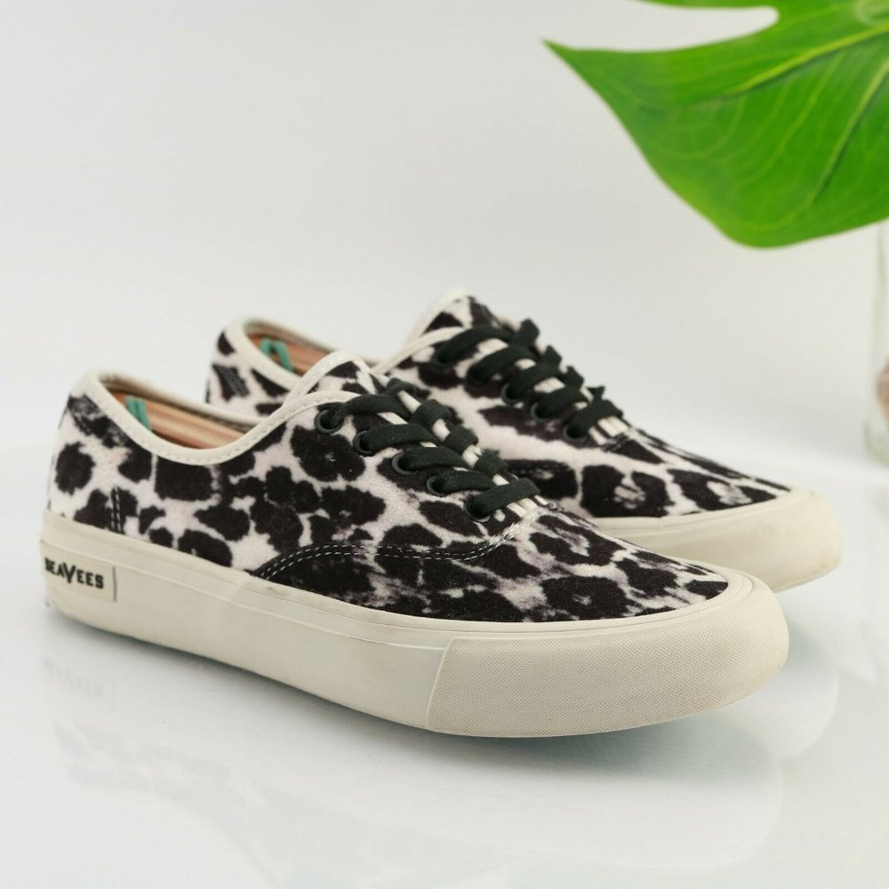 SeaVees for J Crew Women Legend Sneaker Size 7.5 Black White Leopard Animal - Picture 1 of 12
